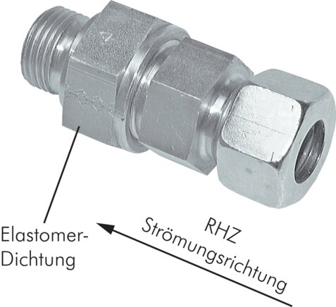 Exemplarische Darstellung: Rückschlagventil (Durchfluss vom Rohr zum Gewinde, Stahl verzinkt)