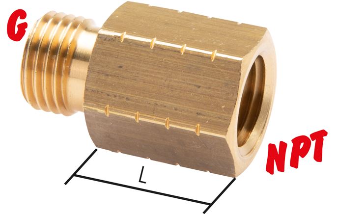 Exemplary representation: Reducing nipple with G-thread / NPT-thread, brass