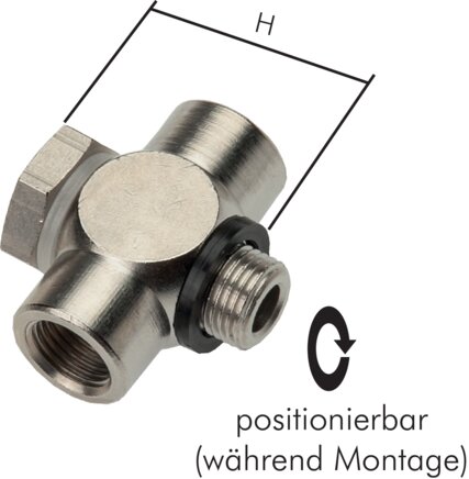 Exemplarische Darstellung: T-Schlauchverschraubung mit zylindrischem Innengewinde (Hohlschraube), Messing vernickelt